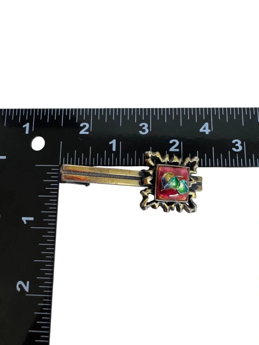 Vintage Japanese Cloisonne Tie Clip Red Green Enamel Floral Ornate Bar 2.25in